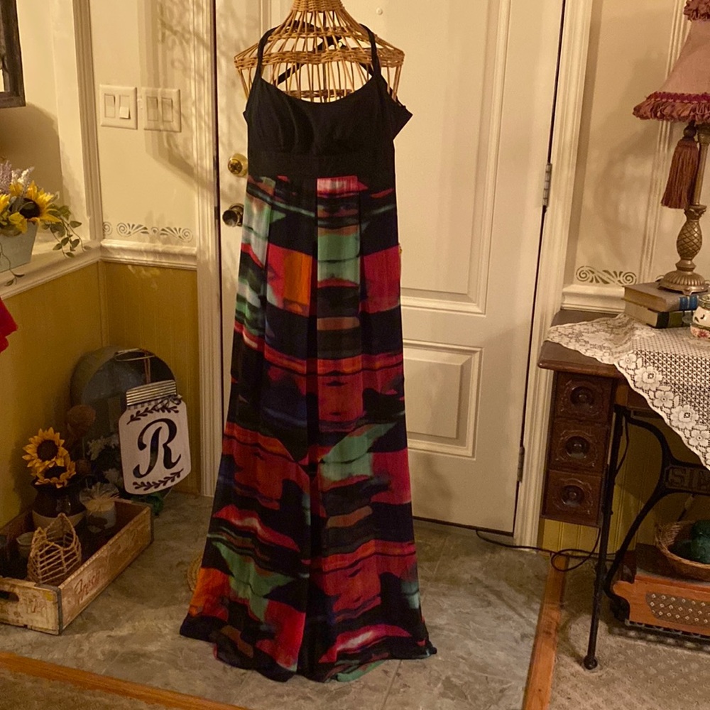 Jessica Simpson red, green, black strappy top maxi dress